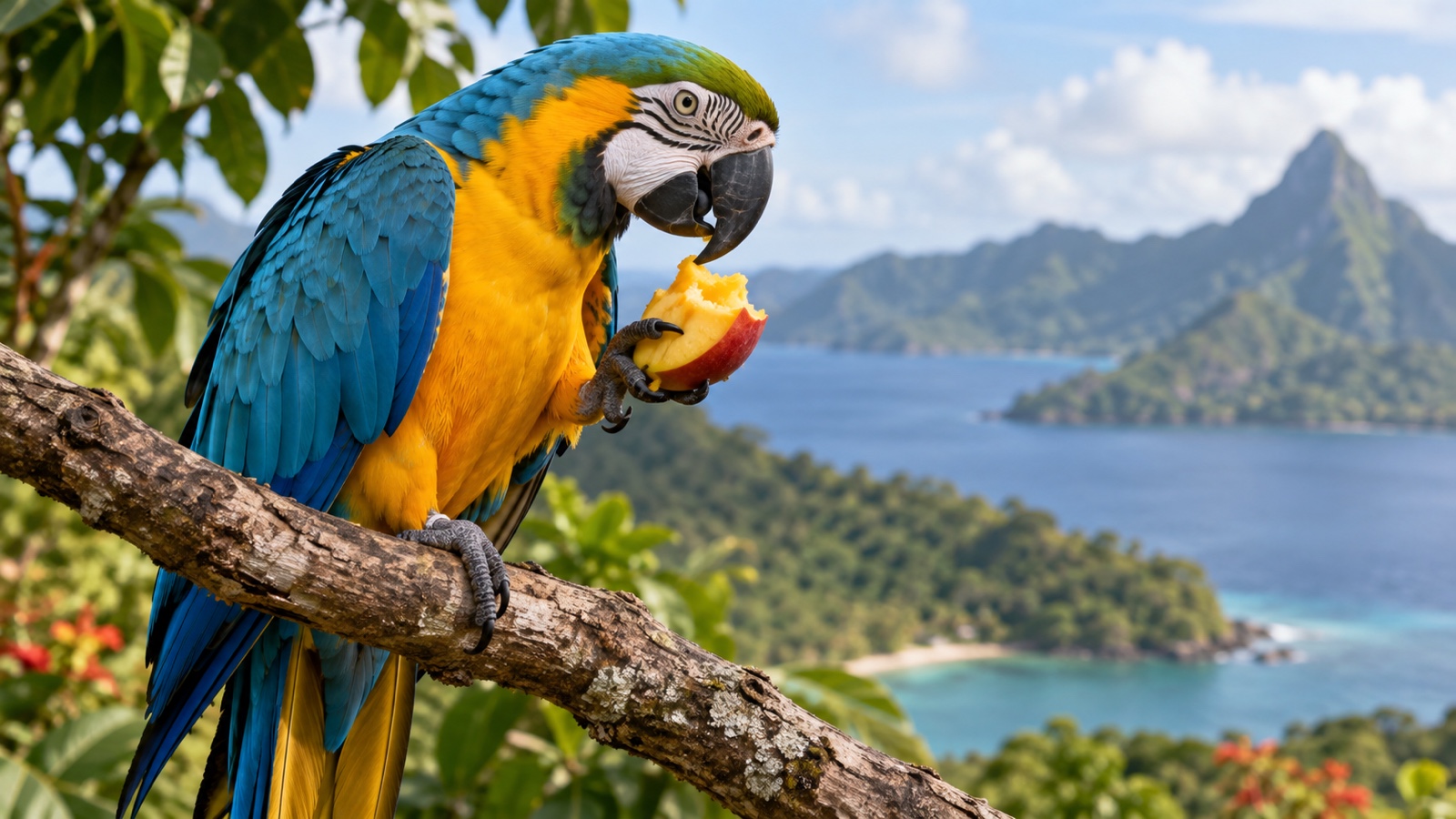 Parrot gripping a piece of fruit with two forward and two backward toes.