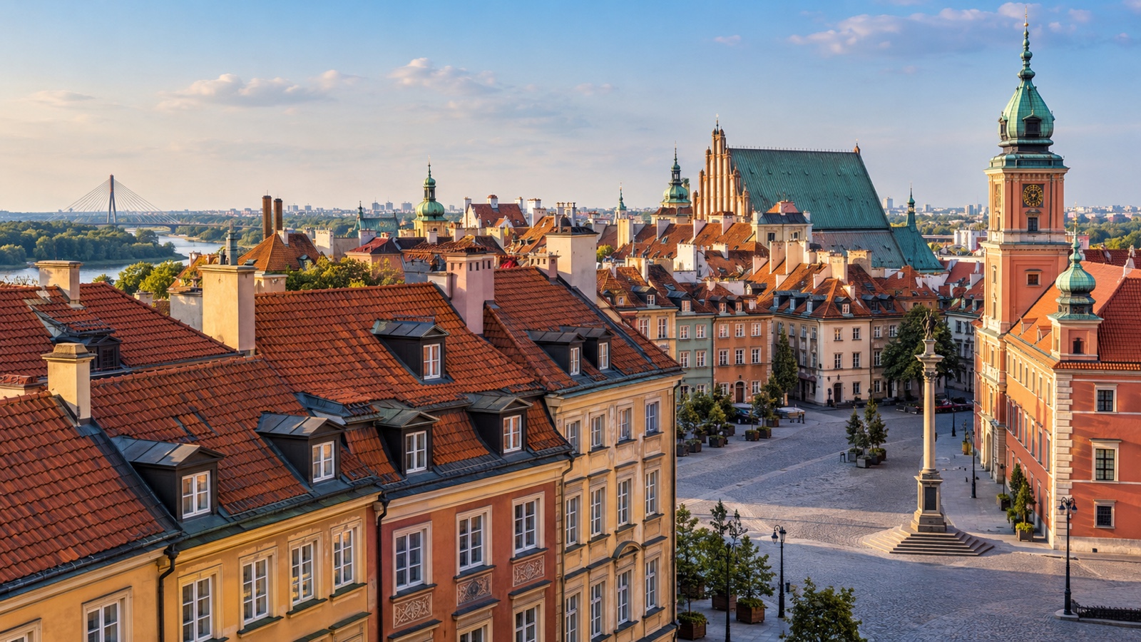 Rebuilt Warsaw Old Town rooftops and historic streets.