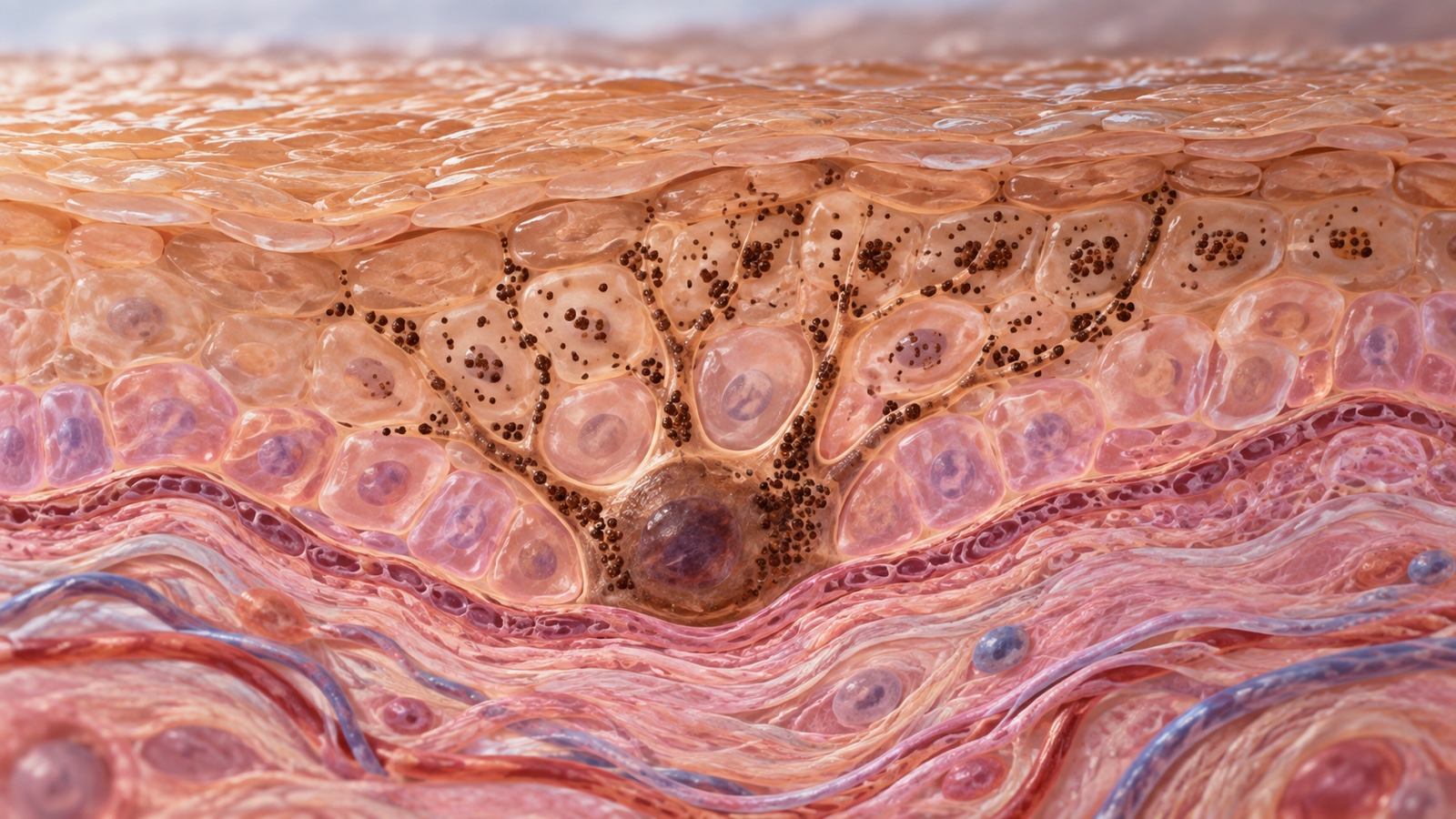 Scientific visualization of melanin granules within skin tissue.