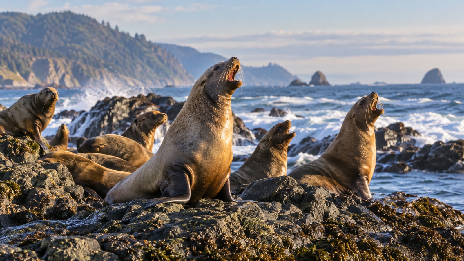 Sea lions calling from a rocky coastal colony.