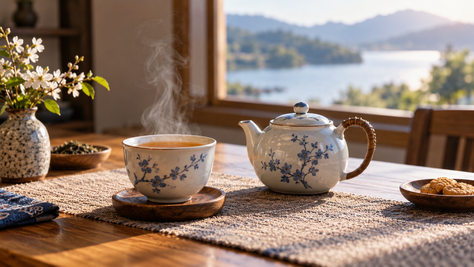 Steaming cup of tea beside a small teapot on a quiet table.
