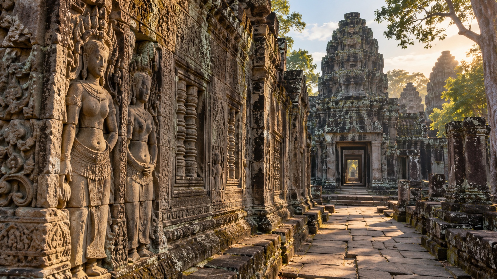 Stone carvings and corridors of the ancient Angkor complex.