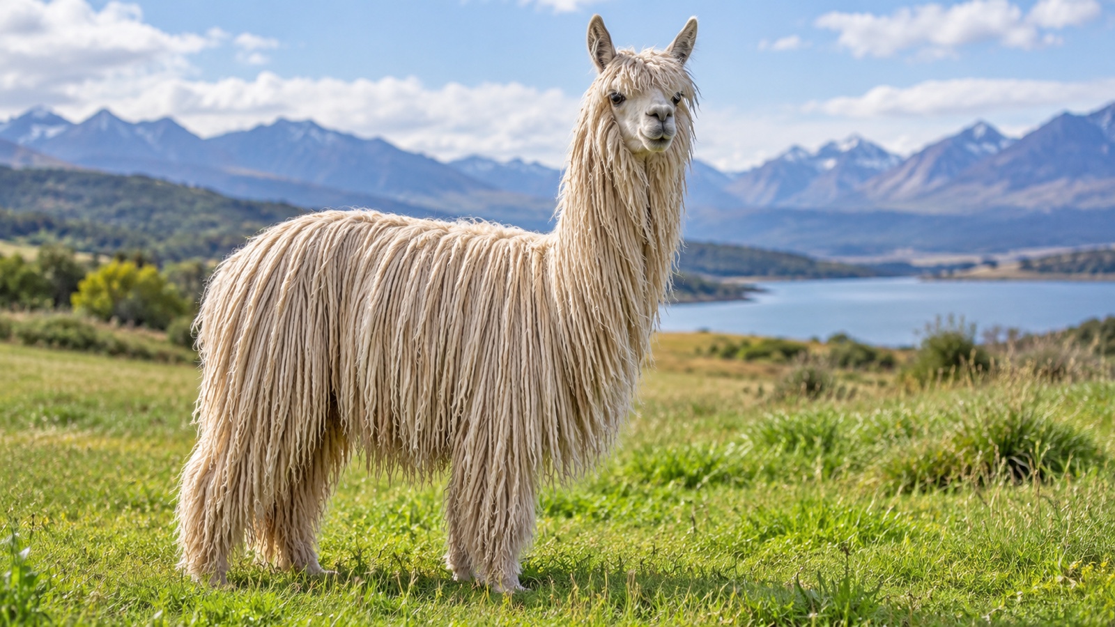 Suri alpaca with long silky locks standing on grass.