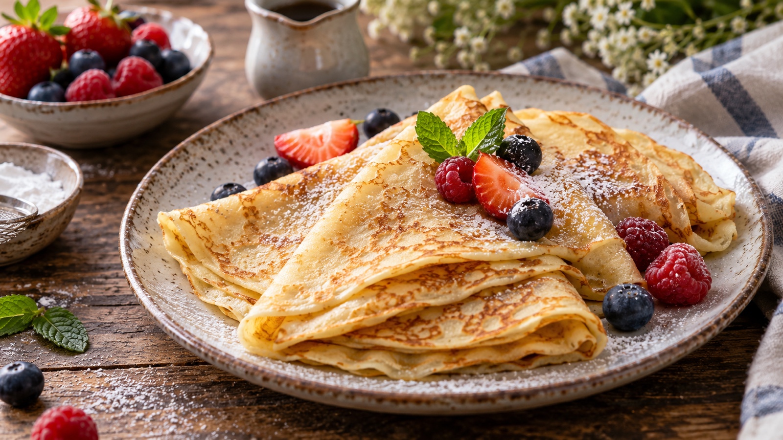 Thin French crepes folded on a rustic plate.