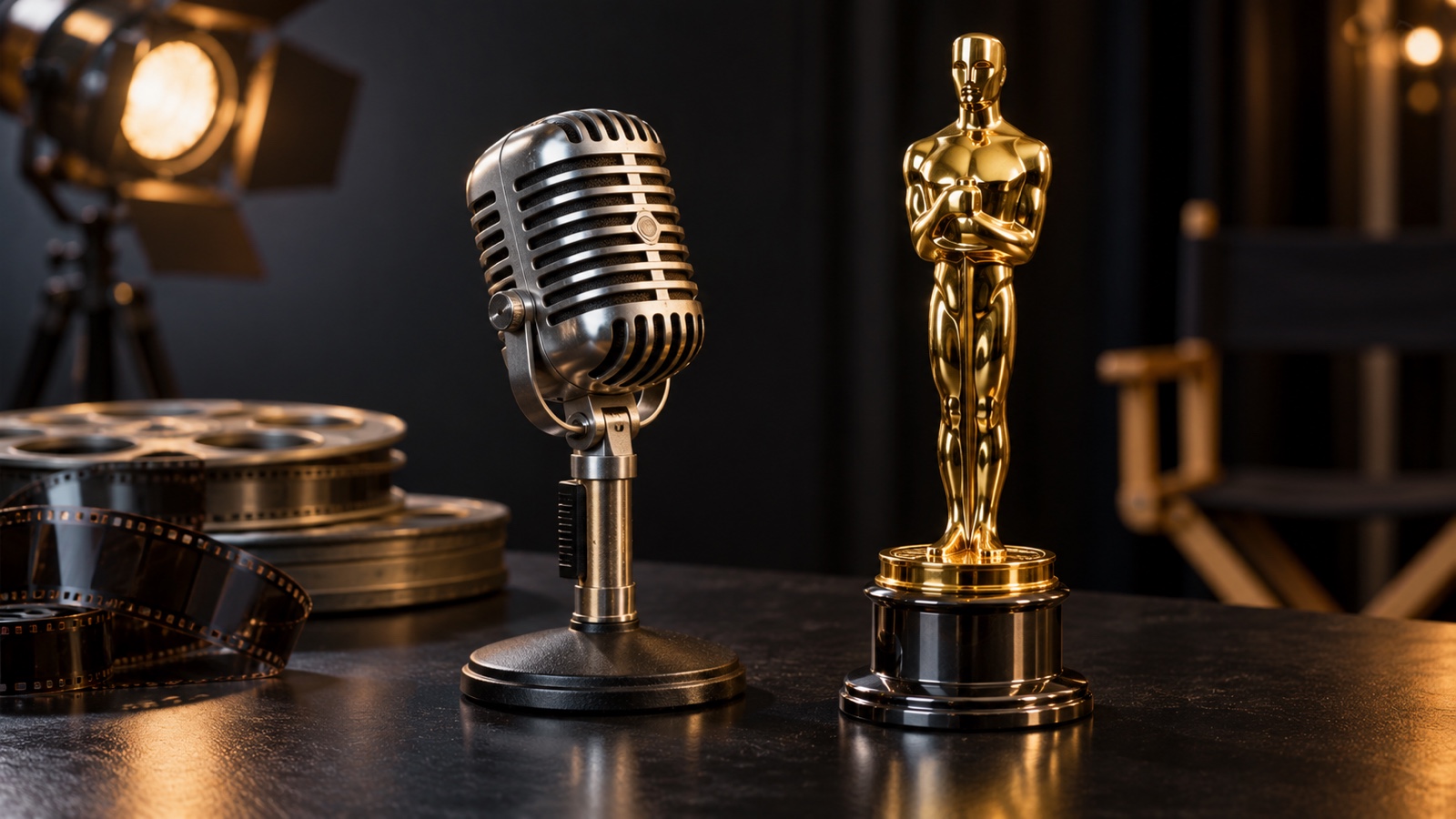 Vintage film microphone and golden award statuette on a black studio table with no inscriptions.