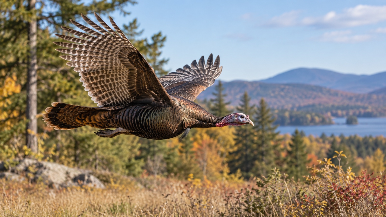 Wild turkey flying low above an open forest edge.