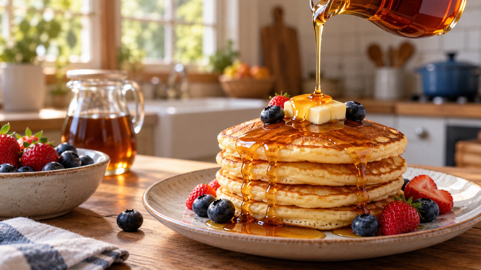 Amber maple syrup poured over pancakes in a warm kitchen.