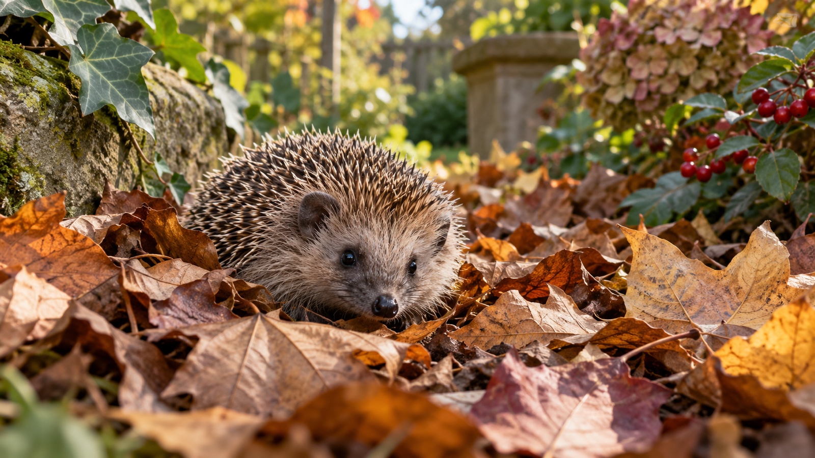 Baby hedgehog nestled among dry leaves in a garden.