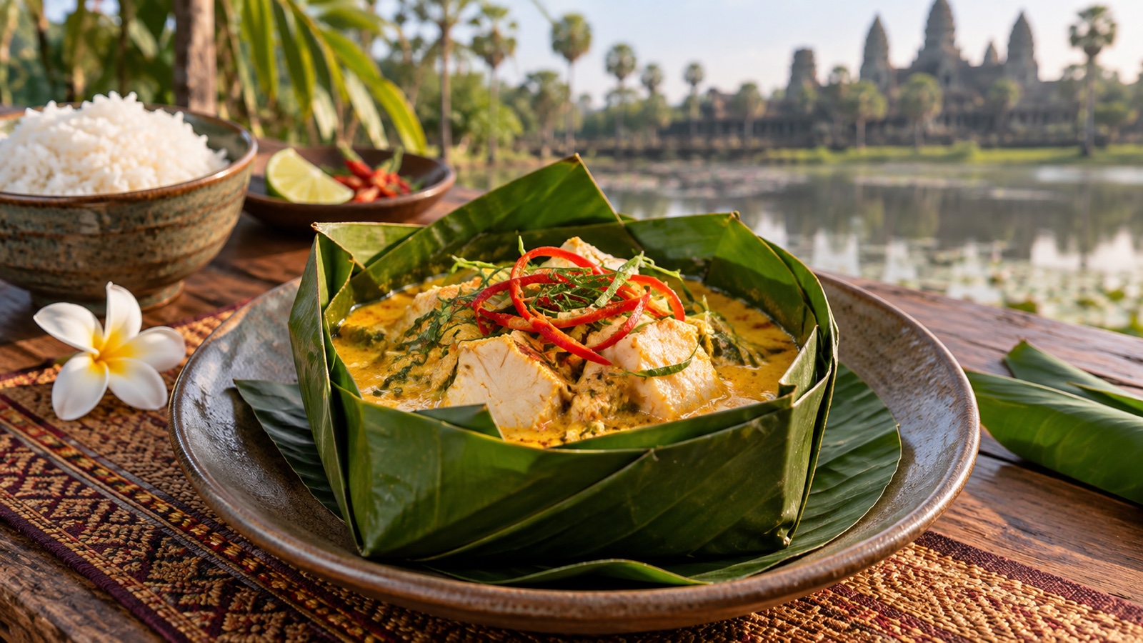 Cambodian fish amok curry served in a banana-leaf bowl.