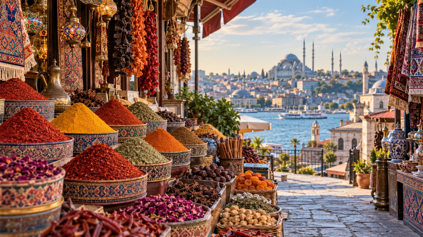 Colorful spice market stalls in Istanbul without people.