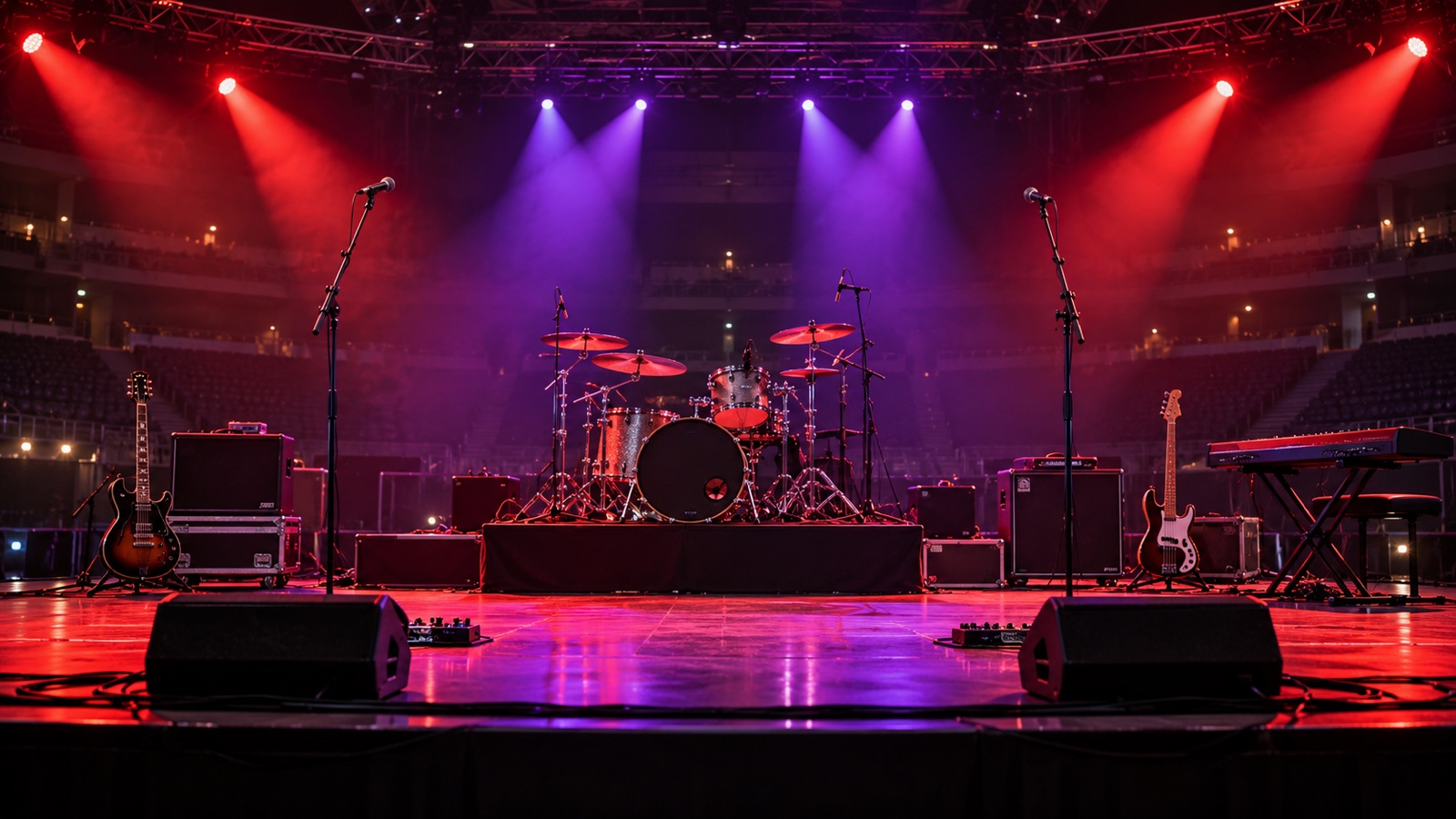 Empty arena stage with red and purple spotlights and instruments.
