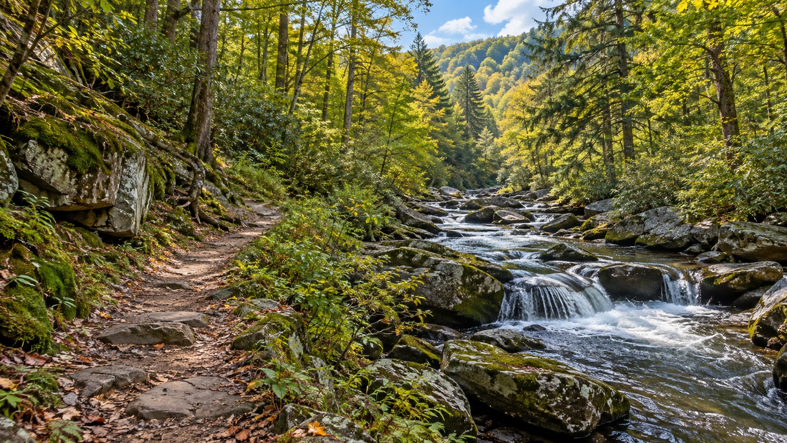Forest path and stream in Monongahela National Forest.