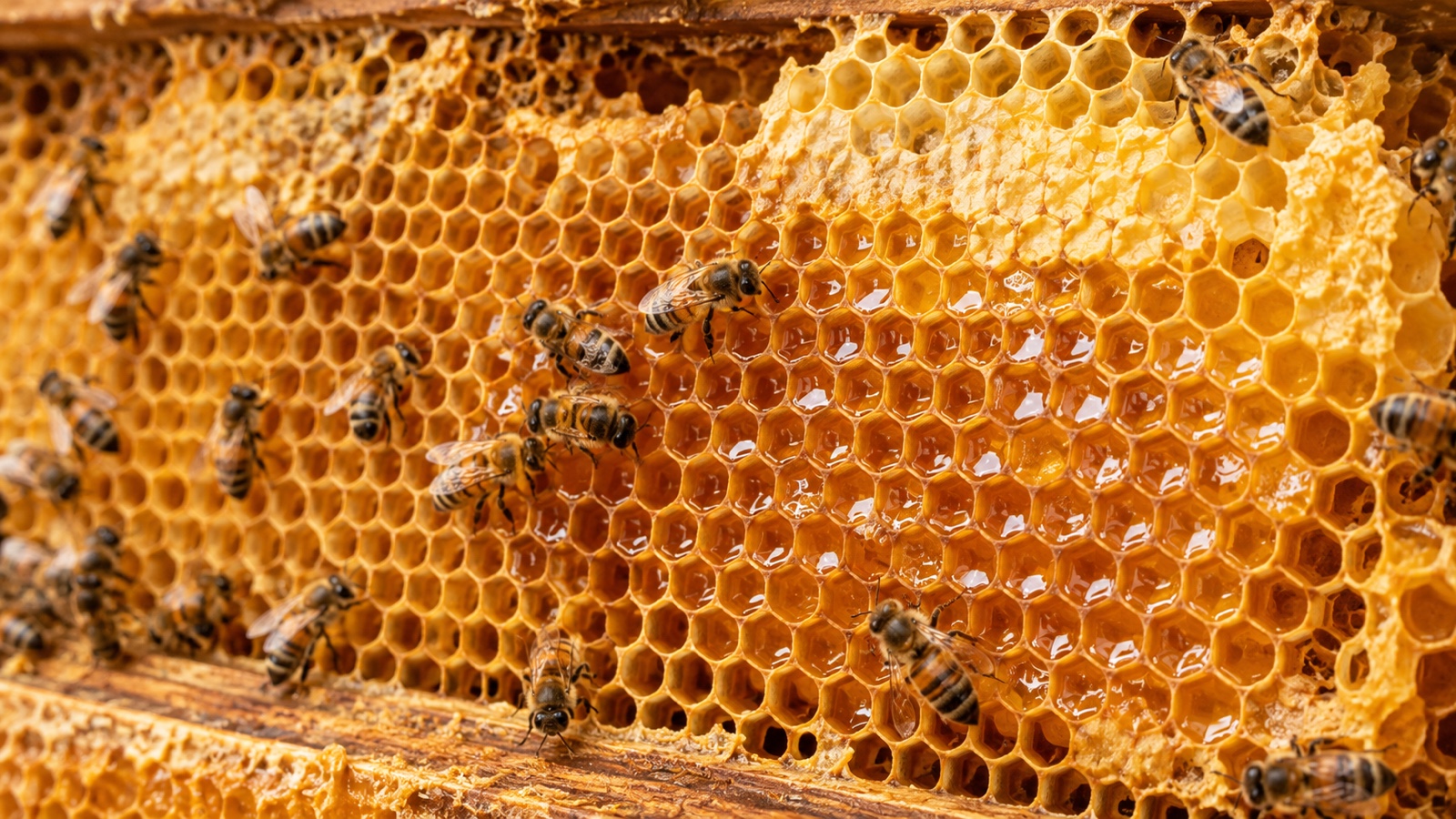 Golden beeswax honeycomb packed with honey in a beehive.