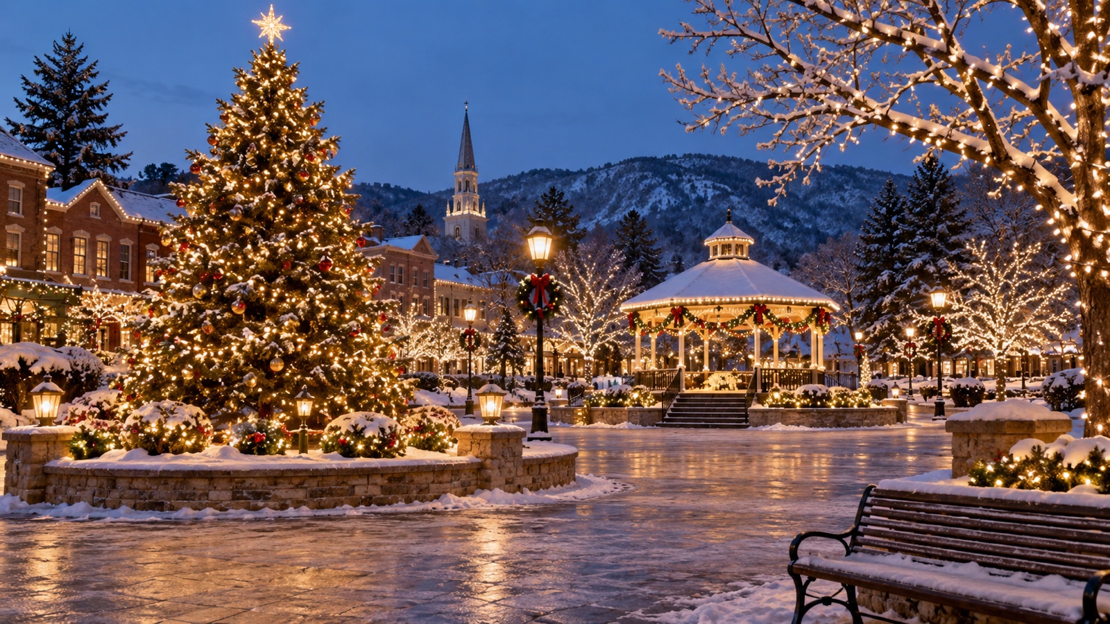 Grand outdoor holiday light display illuminating a winter town square.
