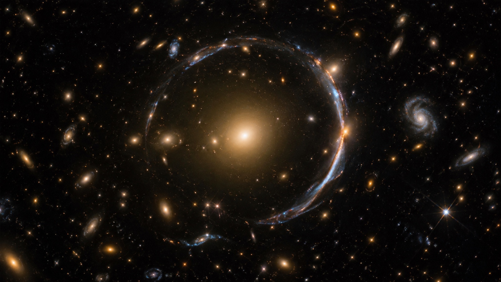 Gravitational lensing arc around a distant galaxy in deep space.