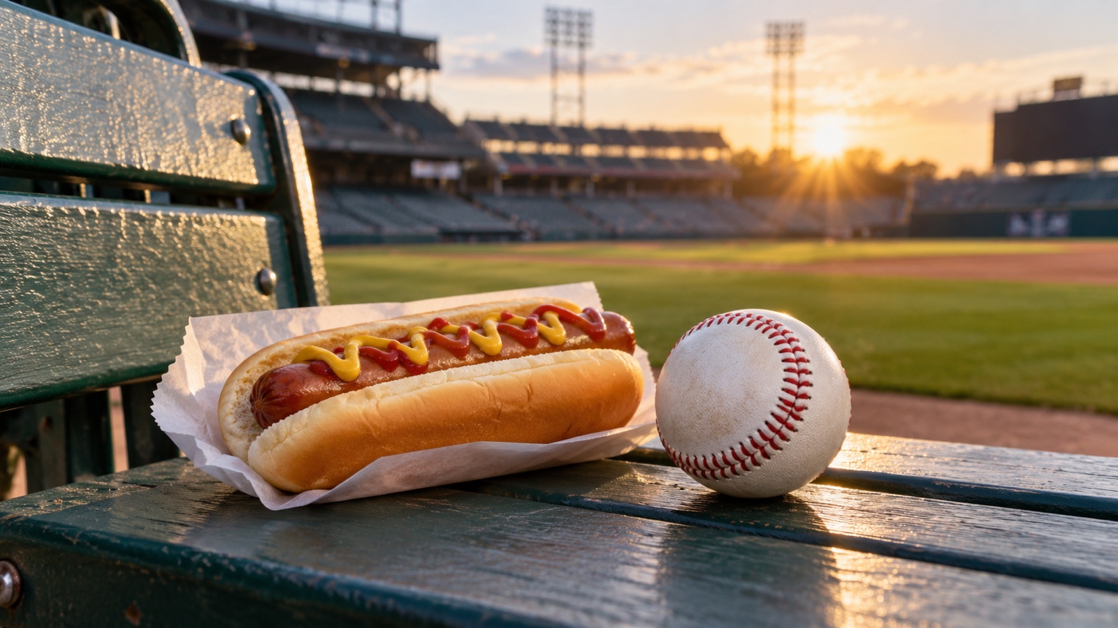Hot dog and baseball on an empty stadium bench.