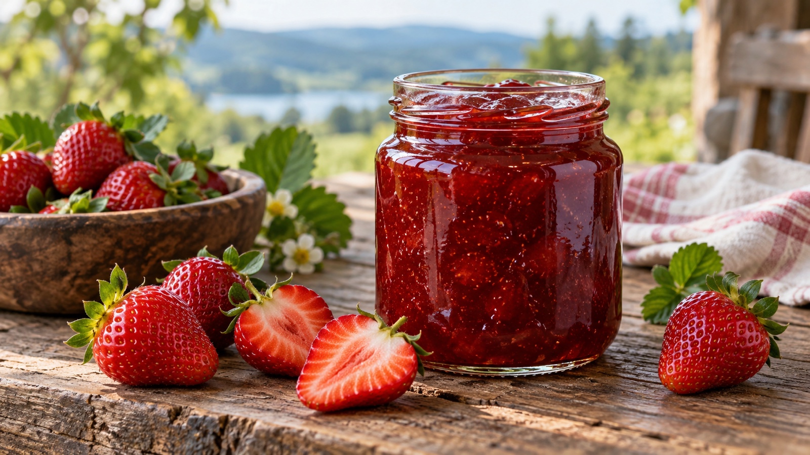 Jar of strawberry jam beside fresh berries on a rustic table.