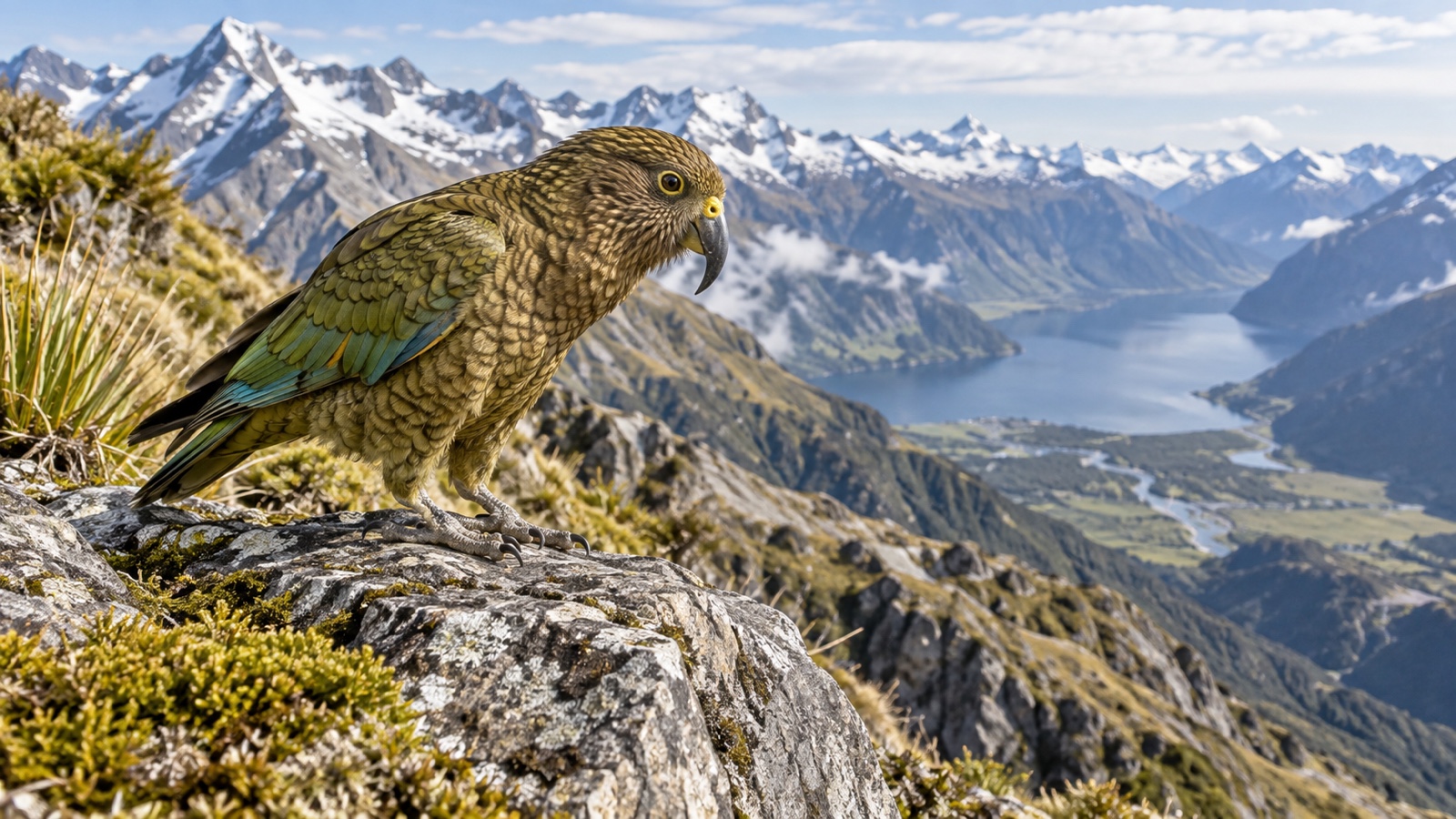 Kea parrot exploring an alpine rock ledge in New Zealand.