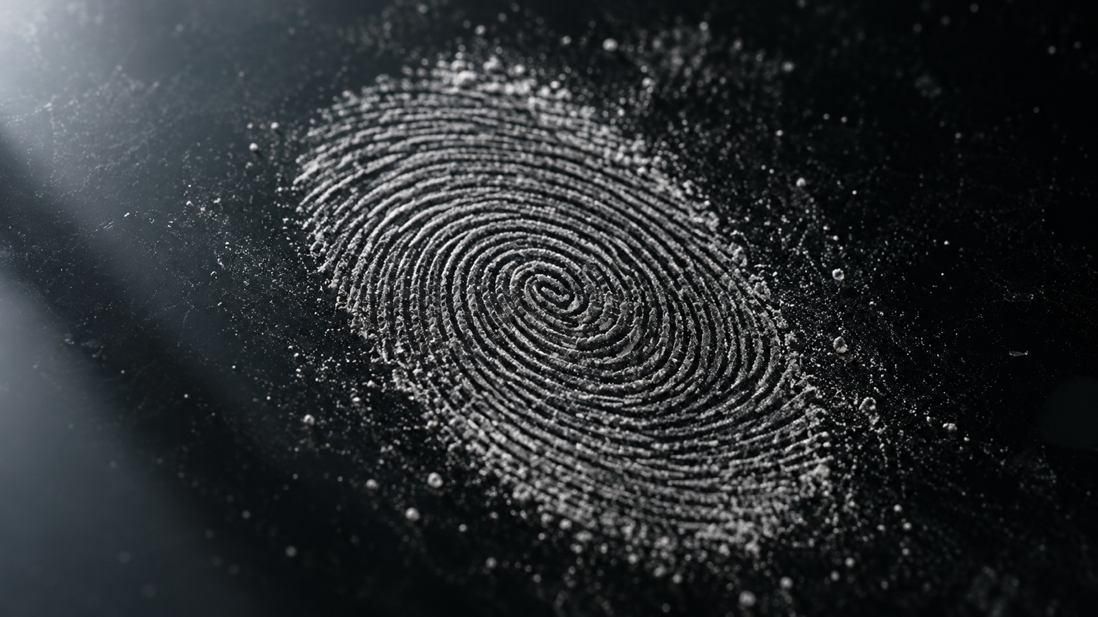 Latent fingerprint ridge pattern revealed in fine powder on dark glass.