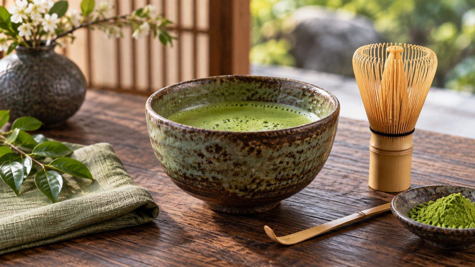 Matcha tea whisk and bowl arranged as a calm still life.