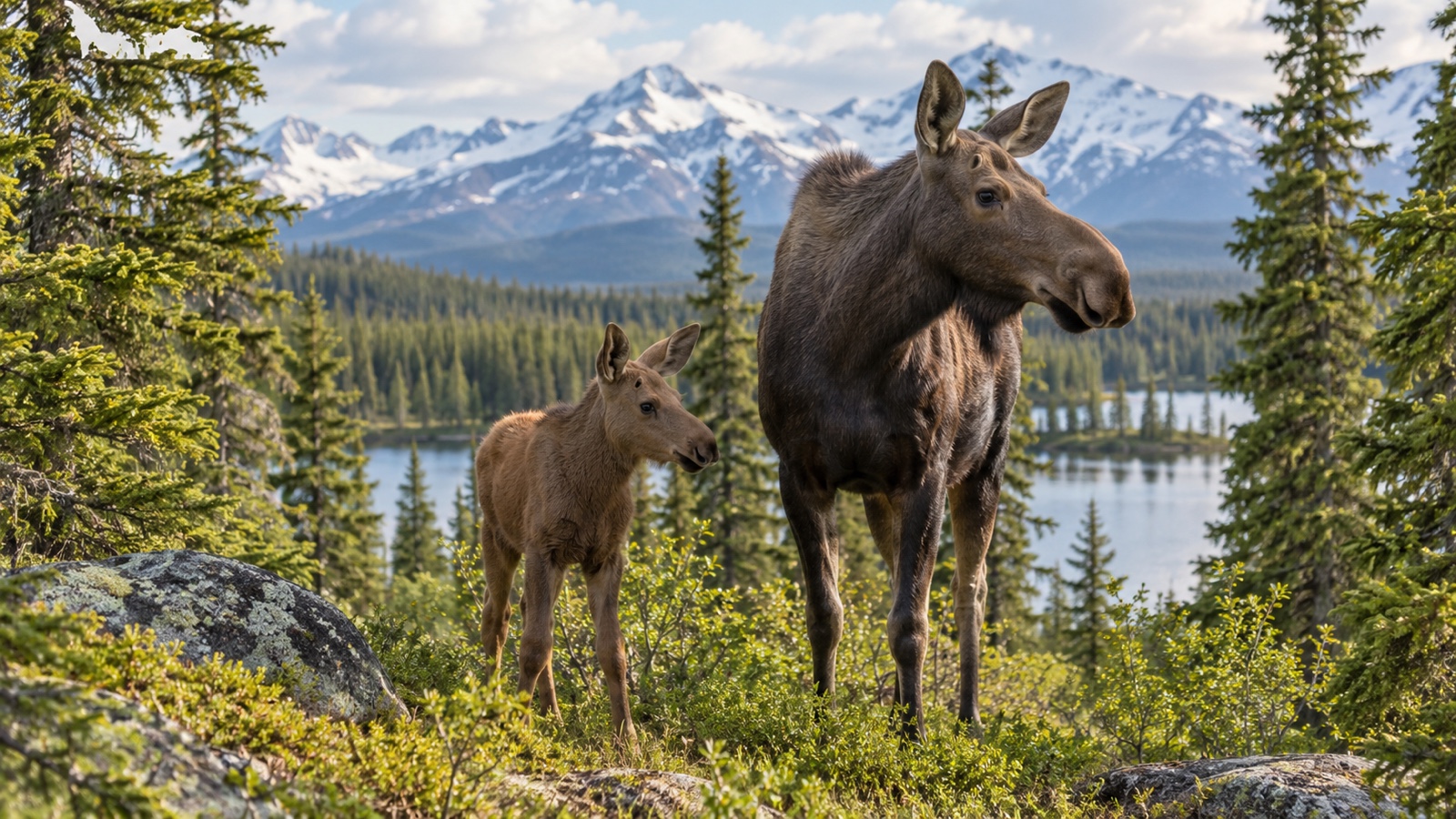Moose calf and adult in a cool northern forest.
