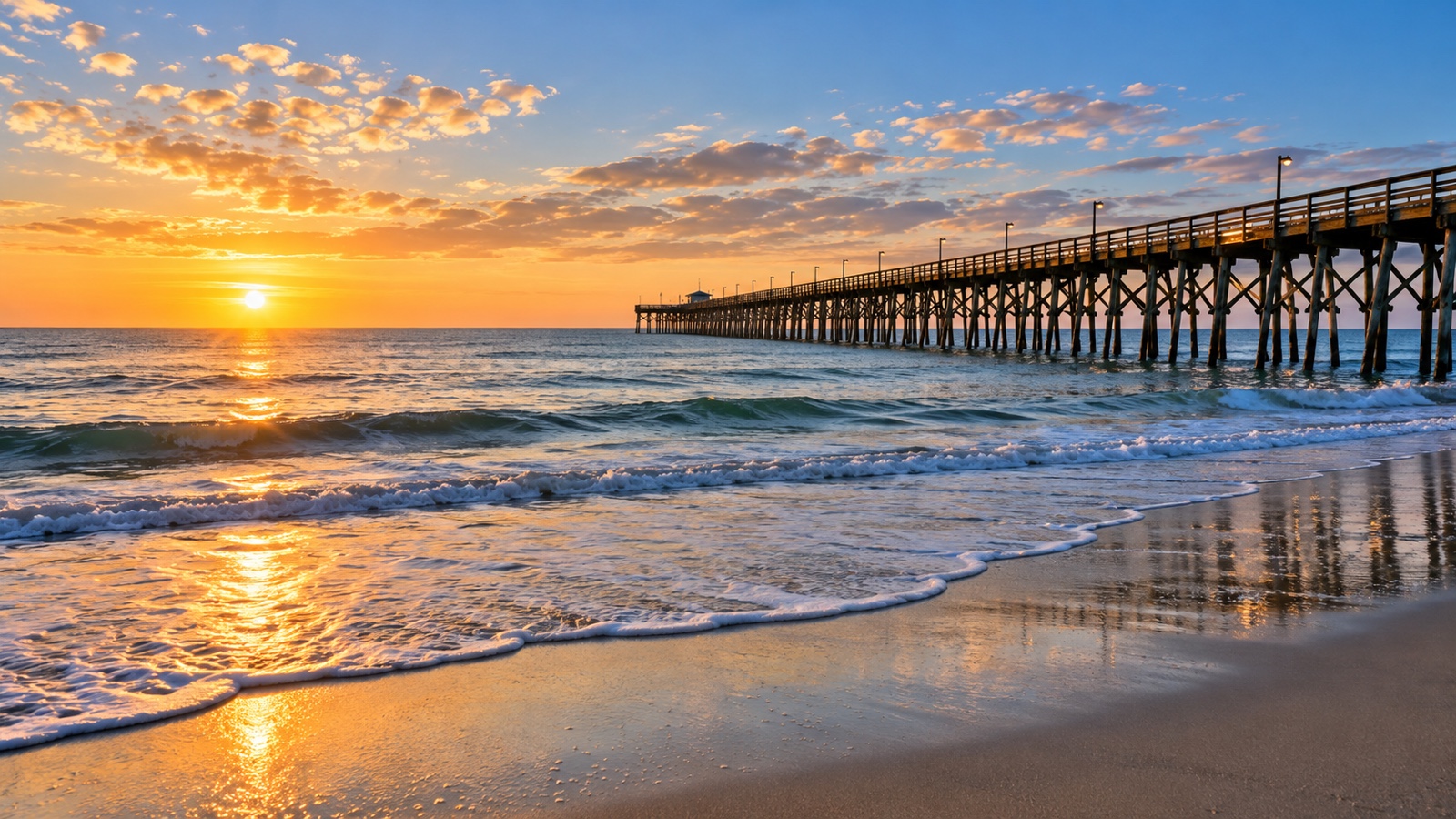 Myrtle Beach shore and wooden pier in warm morning light.