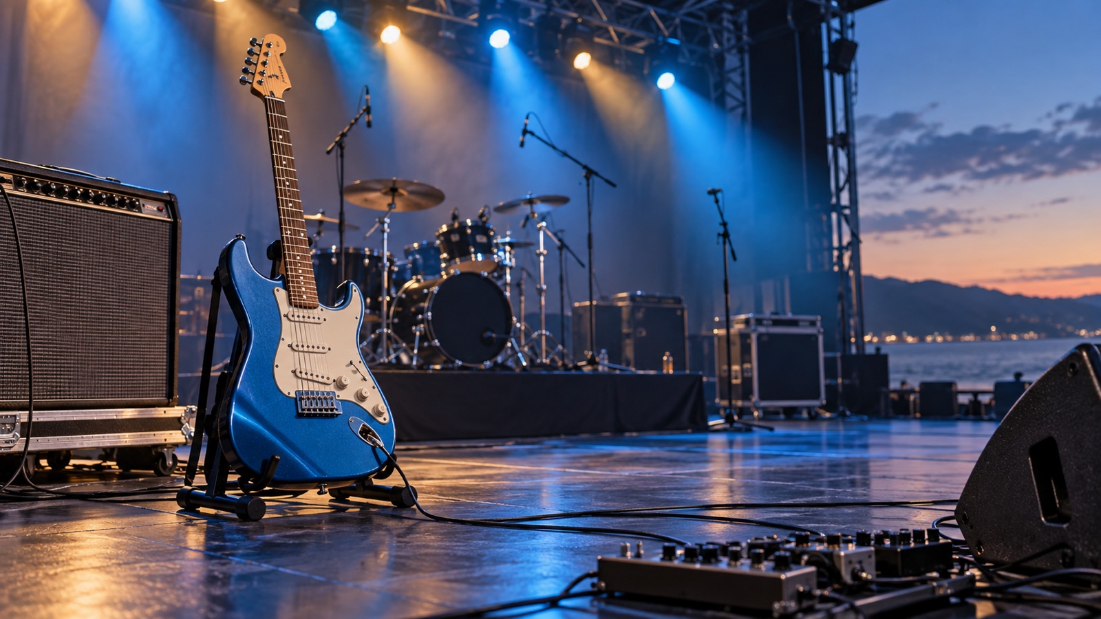 Ocean-blue electric guitar and recording equipment on an empty concert stage.
