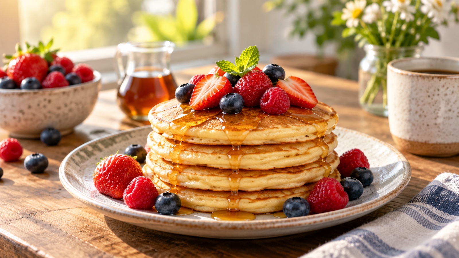 Pancakes topped with fresh berries in warm morning light.