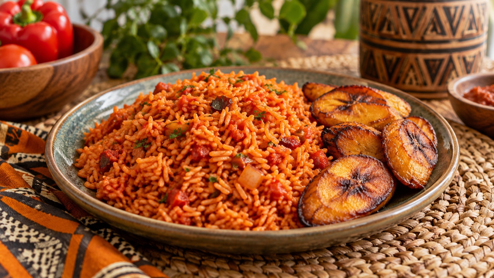 Plate of Nigerian jollof rice with plantains on a woven table.