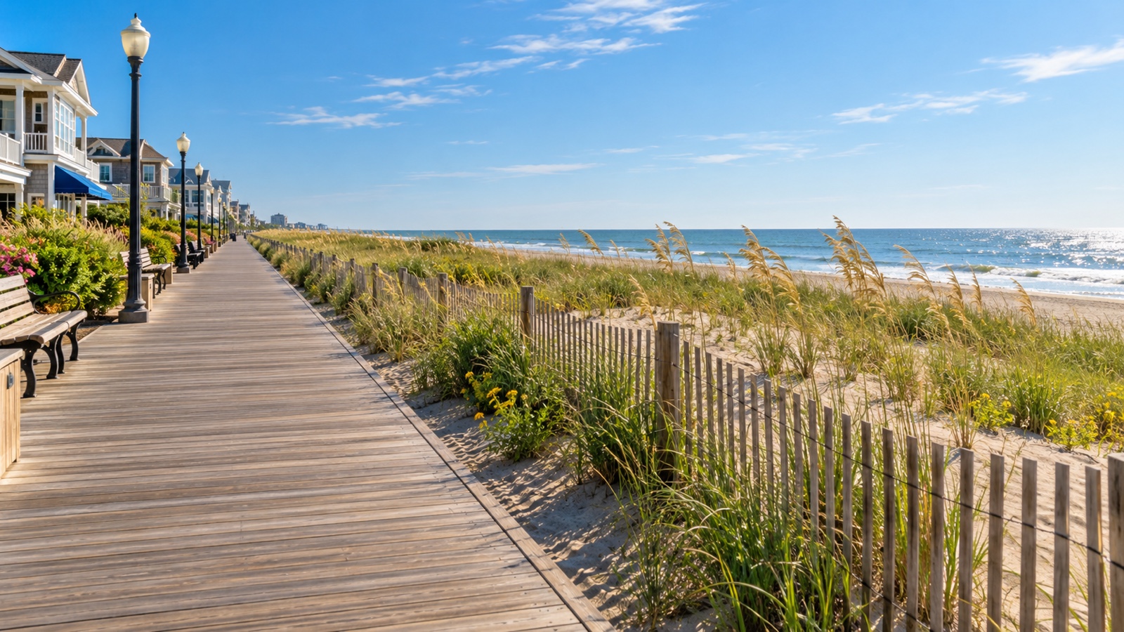 Rehoboth Beach boardwalk and dunes on a sunny day.