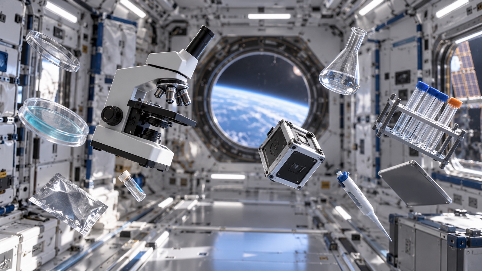 Scientific equipment floating in an empty space station laboratory.