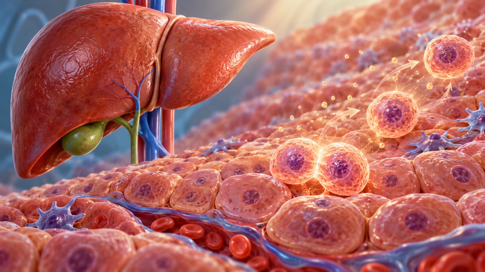 Scientific illustration of healthy liver tissue regenerating cells.