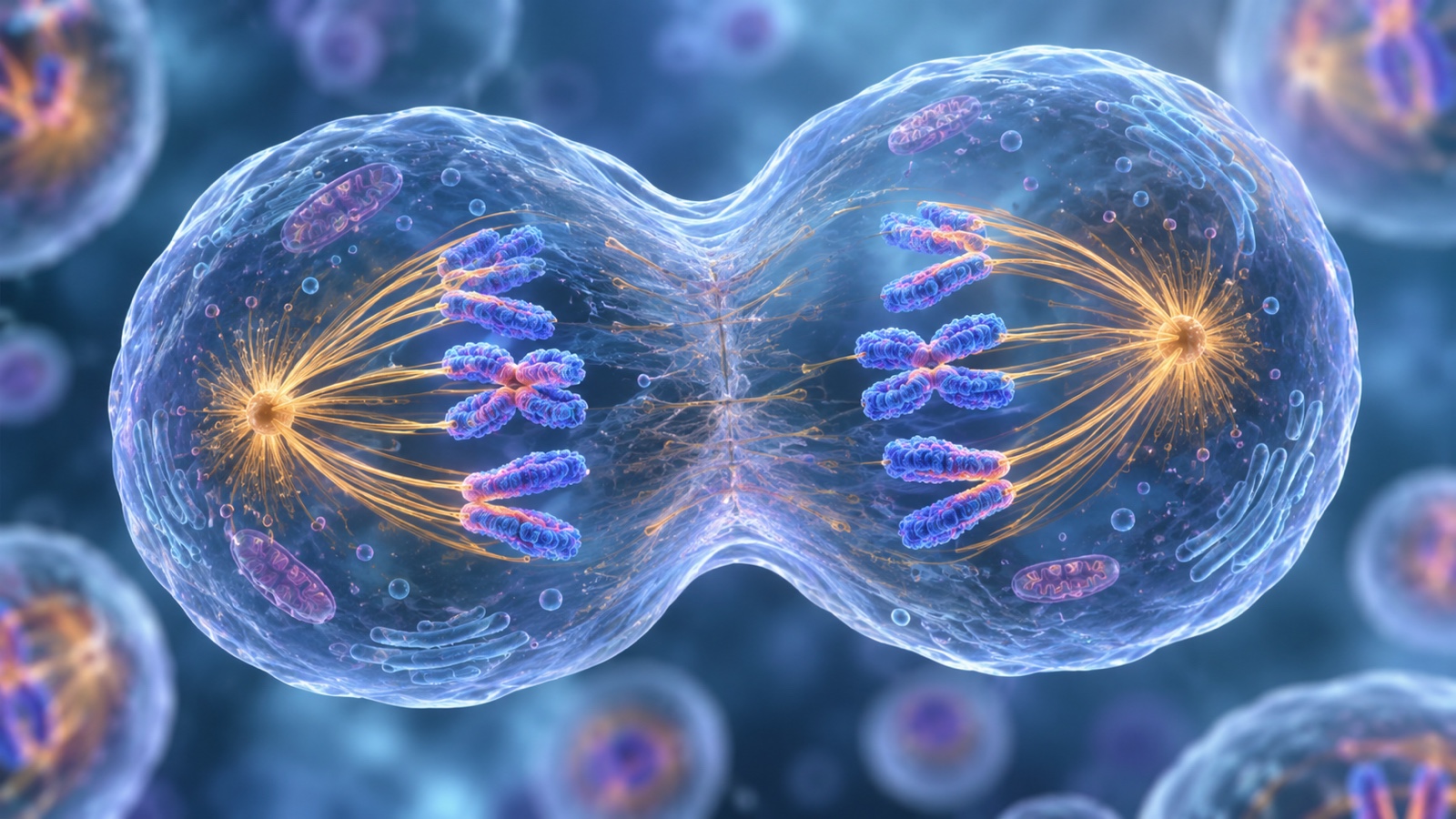 Scientific view of cell division with duplicated DNA strands.