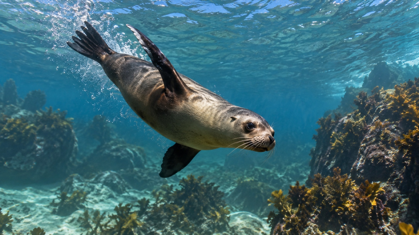 Sea lion diving through clear coastal water.