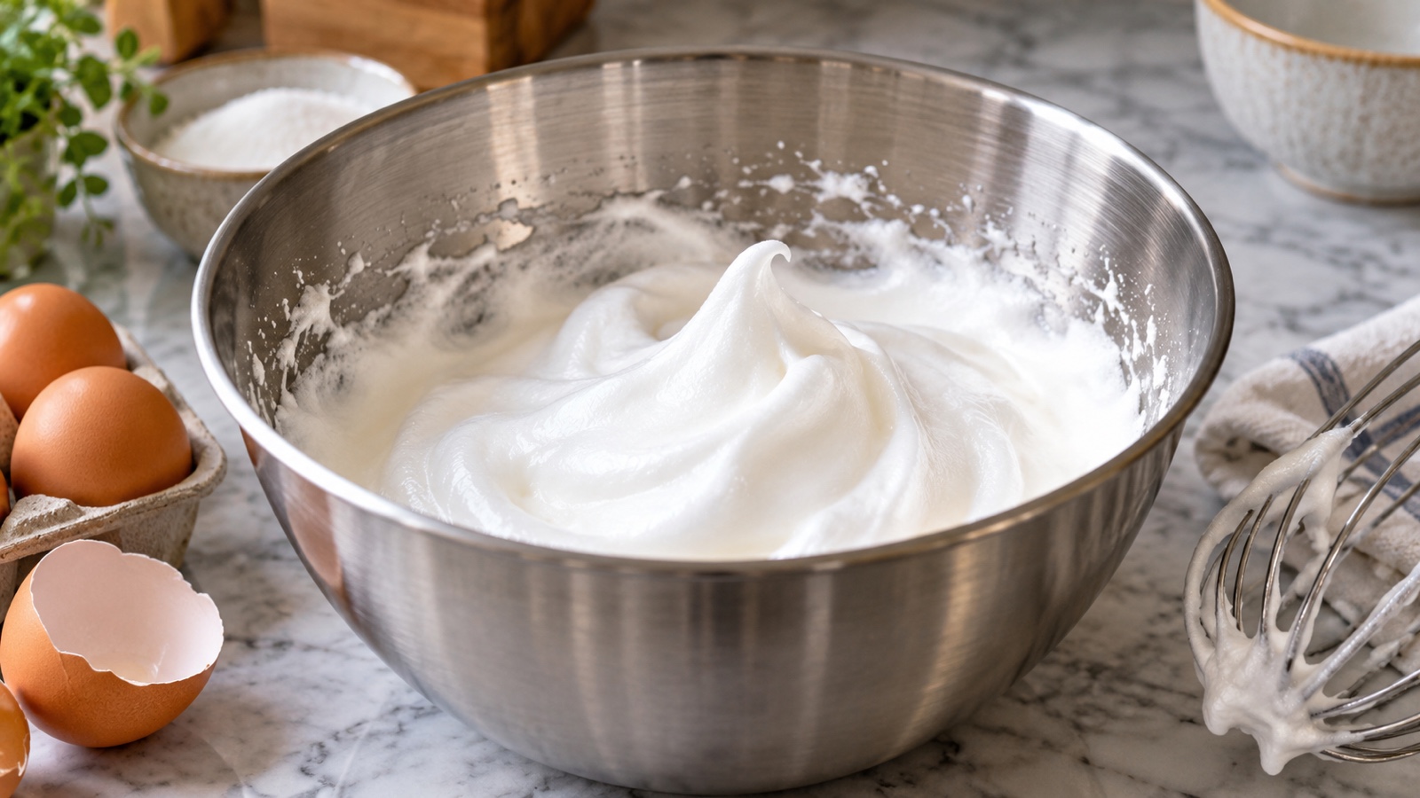 Softly whipped egg whites in a stainless mixing bowl.