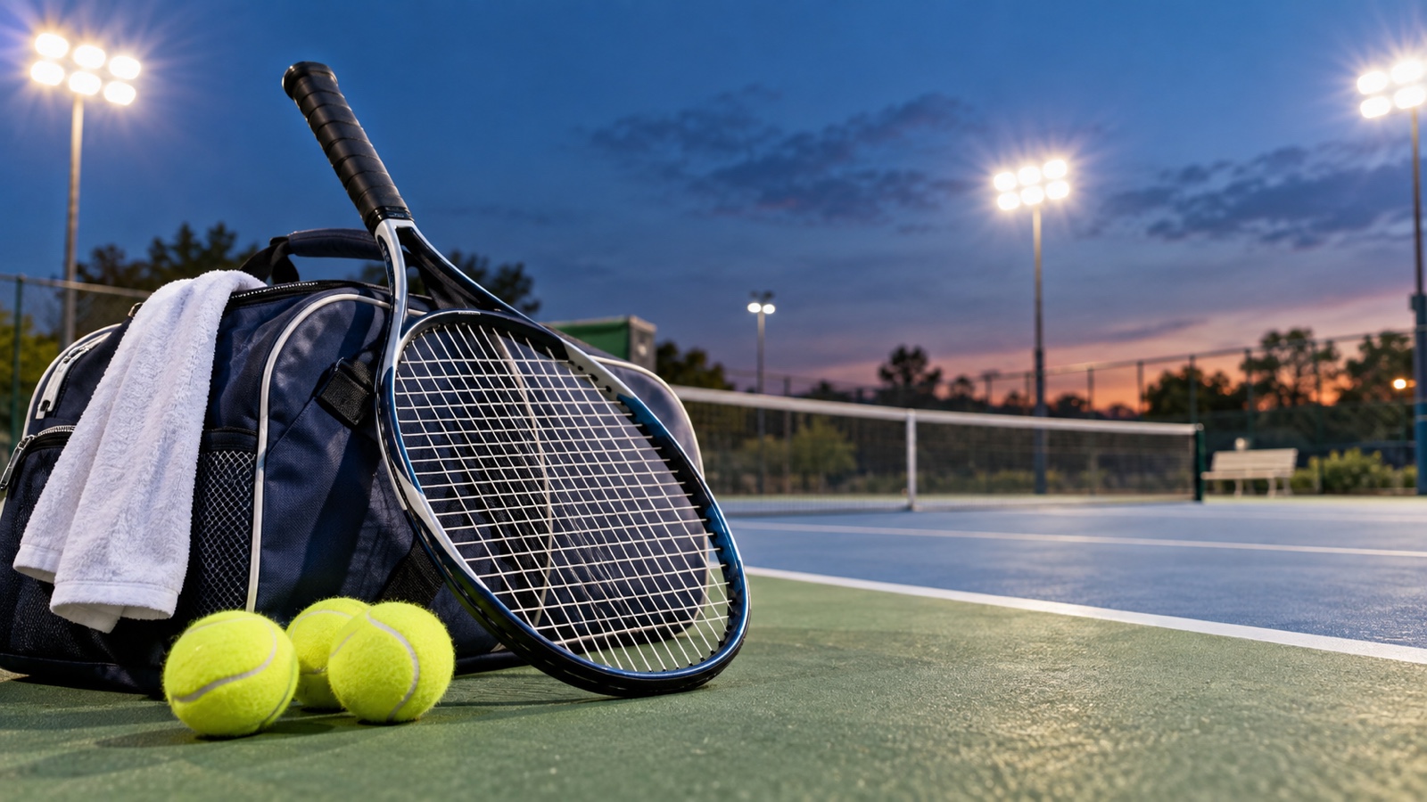 Tennis racket beside a sports bag and bright court lights.