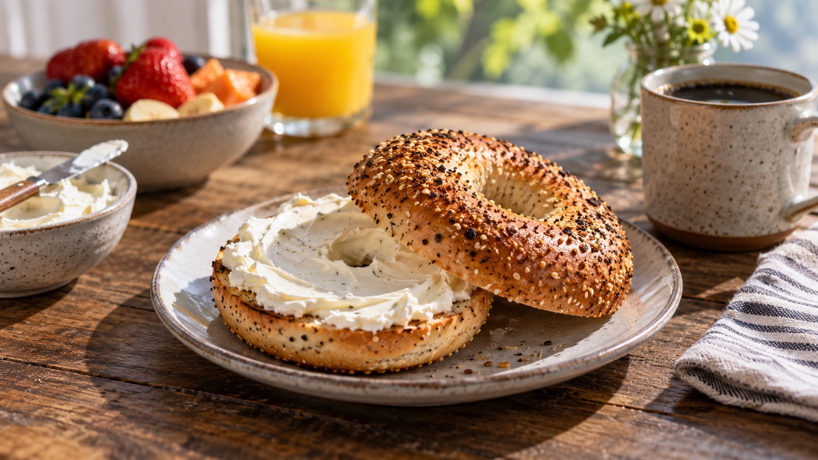 Toasted bagel with cream cheese on a breakfast table.