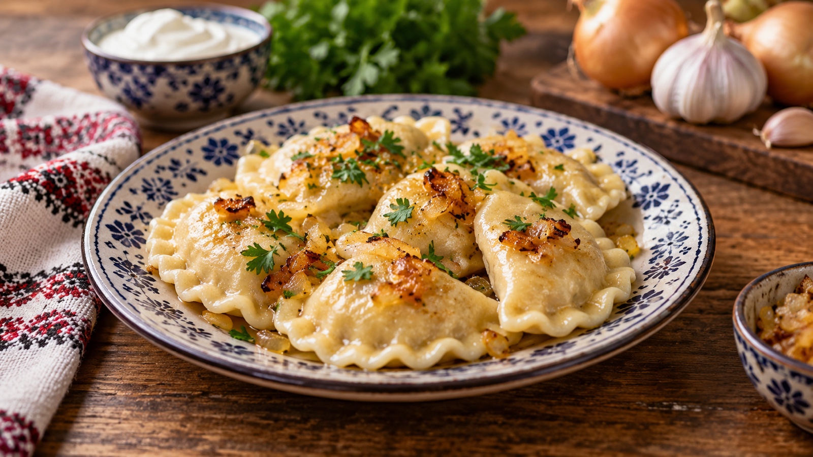 Traditional Polish pierogi arranged on a ceramic plate.