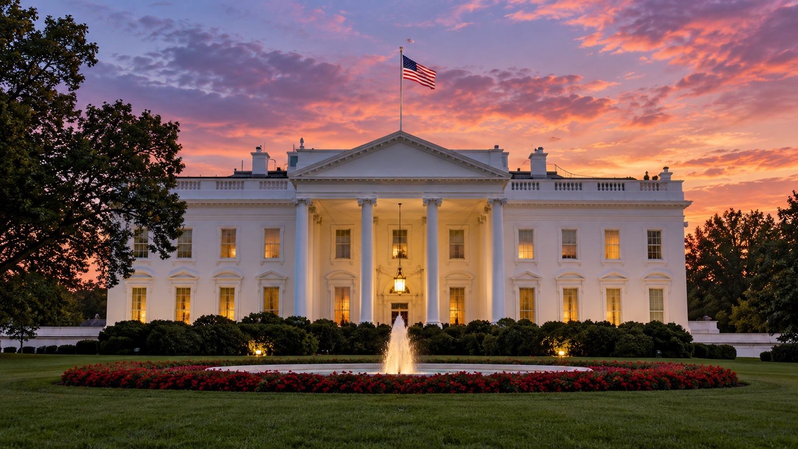 White House exterior at twilight with American flag.