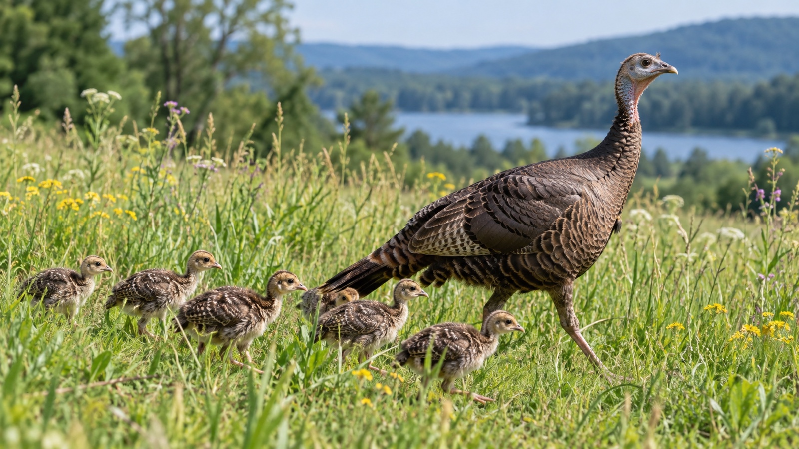 Wild turkey hen with poults walking through meadow grass.