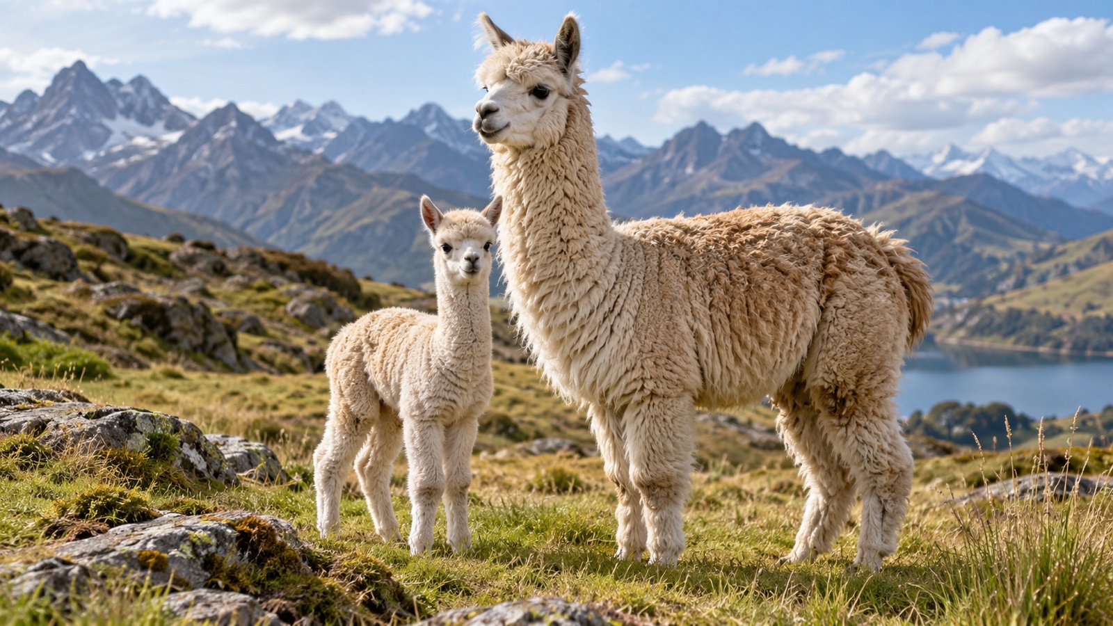 Young alpaca cria beside an adult in mountain pasture.