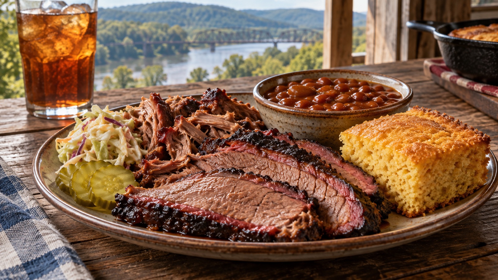 Arkansas barbecue plate with smoked meat, beans and cornbread