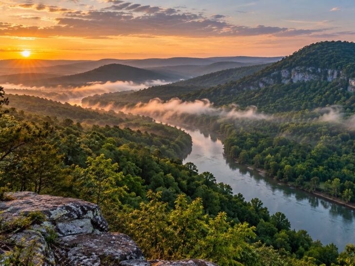 Forested Ozark Mountains and a winding river in Arkansas