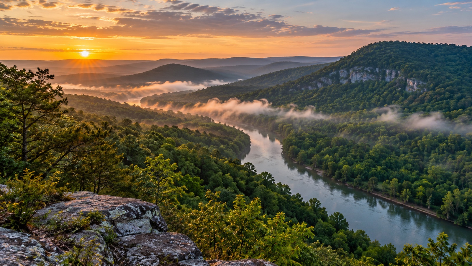 Forested Ozark Mountains and a winding river in Arkansas