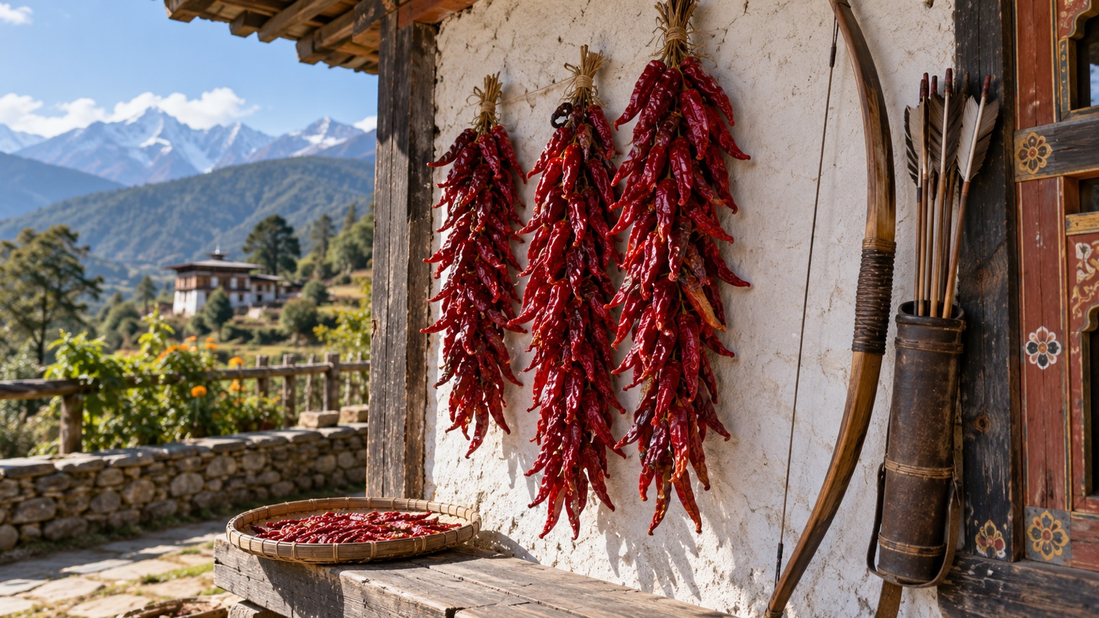 Bhutanese chilies drying beside a traditional archery bow