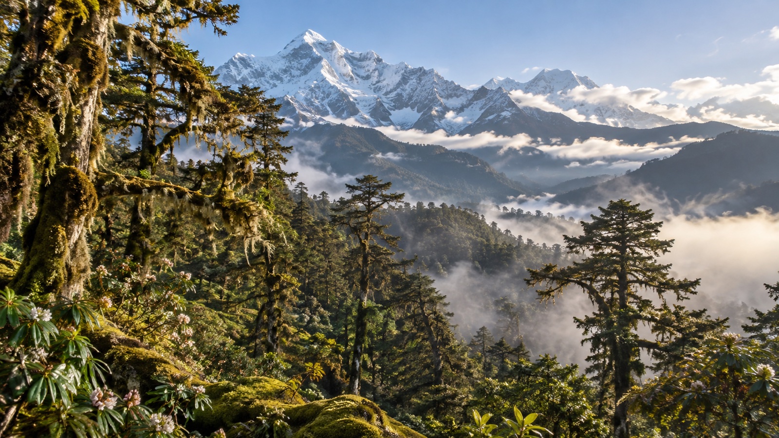 Forested Bhutanese mountains beneath distant snow peaks