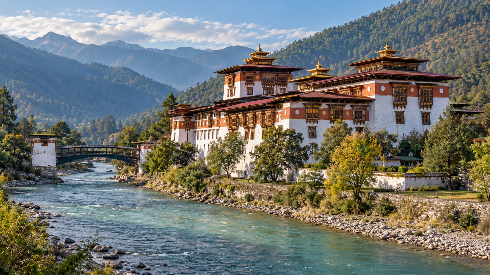 Paro Dzong fortress monastery above a Bhutanese valley