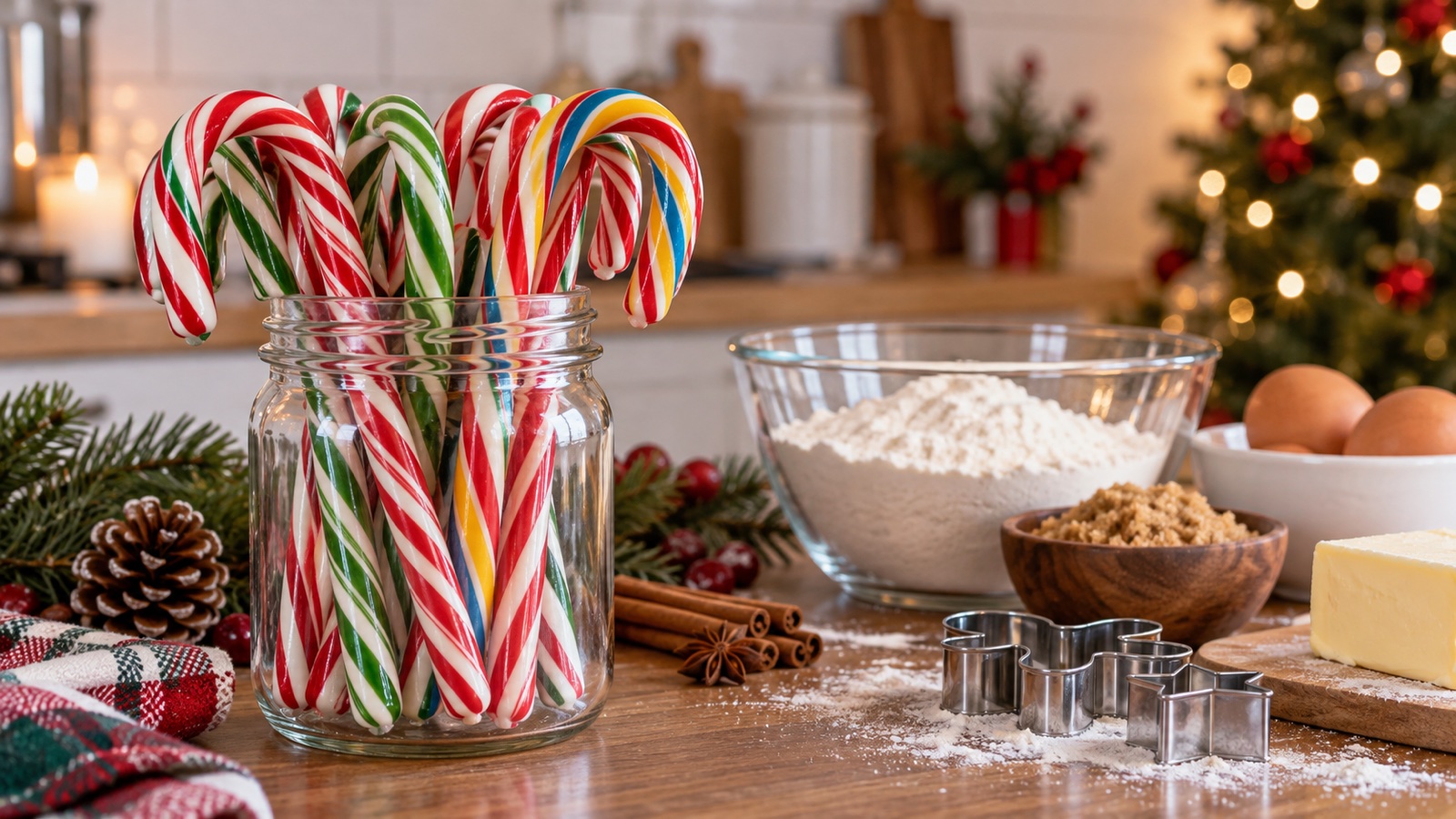 Assorted striped candy canes in a glass jar beside baking ingredients