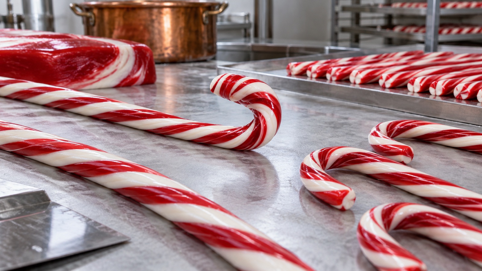 Red and white sugar ropes being twisted into candy canes