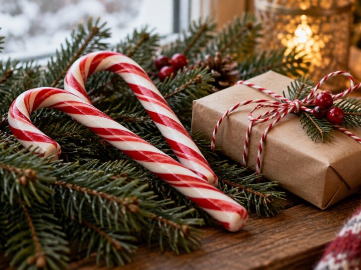 Striped candy canes beside evergreen branches and a wrapped holiday gift